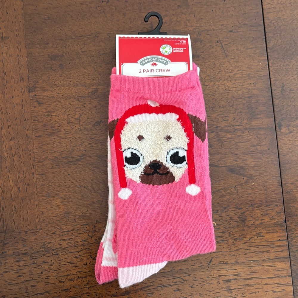 Holiday Time Pink Pug Face Socks